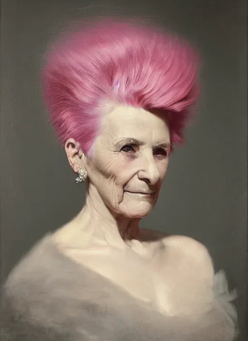 Prompt: a detailed portrait of 9 0 year old woman with a mohawk by edouard bisson, pink hair, punk rock, looking at the camera, oil painting, muted colours, soft lighting