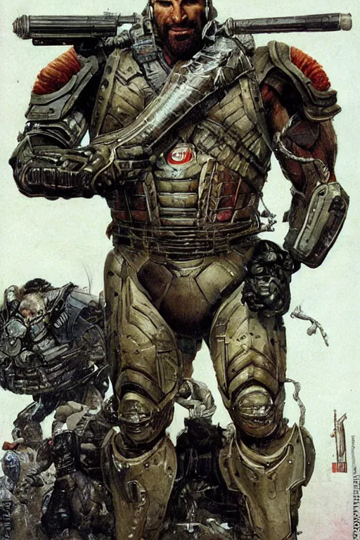 Prompt: portrait of hulking giant dave bautista in futuristic scifi battle armour by norman rockwell