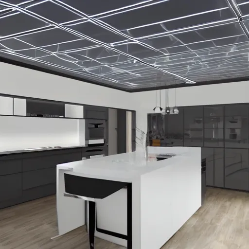 Image similar to modern kitchen with rgb led strip lighting roof lantern, homes and gardens, super detailed render, award winning,