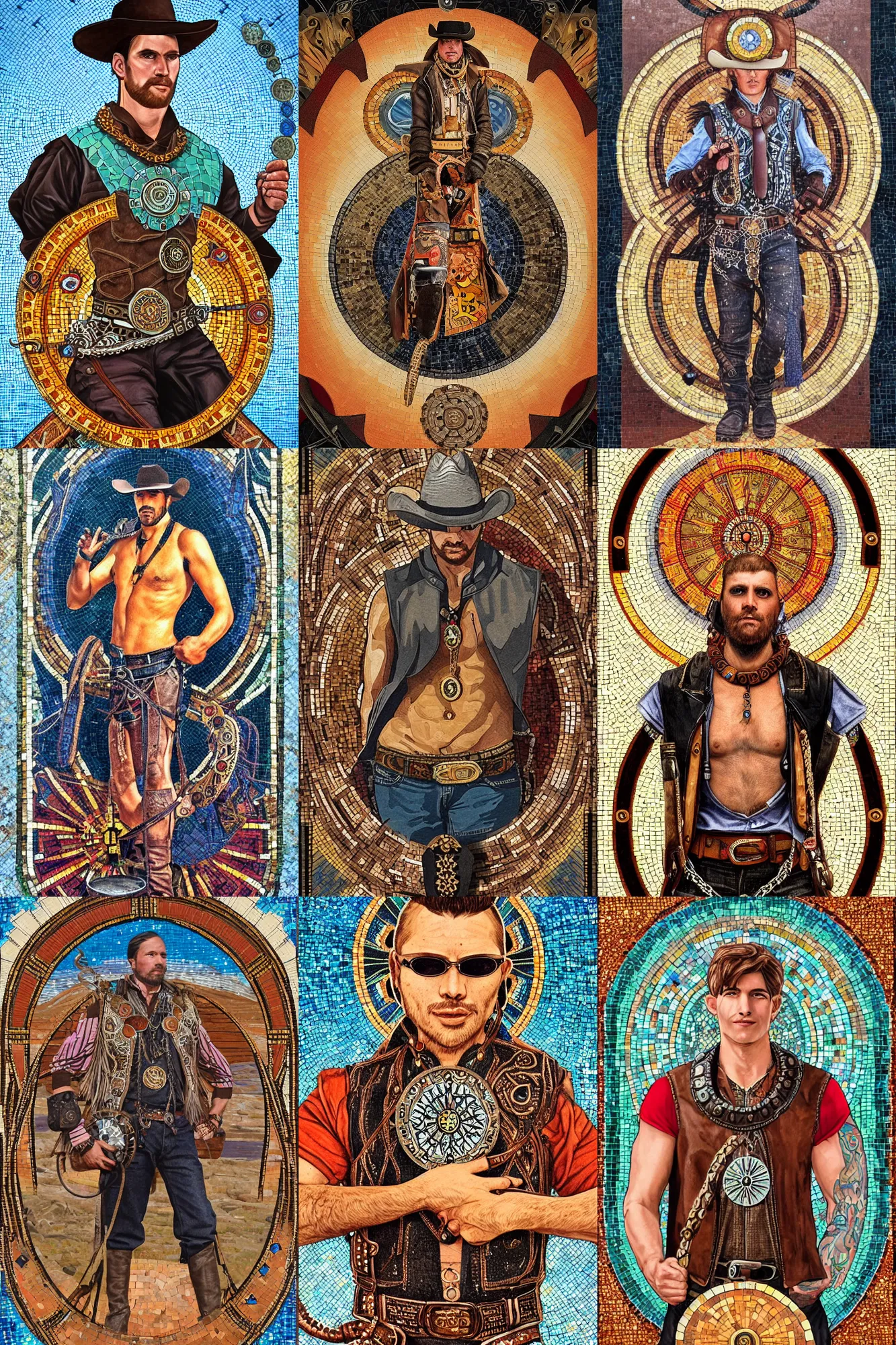 Prompt: a beautiful epic symmetrical tarot painting of a handome cowboy wearing a leather vest and a circular pendant around his neck holding reins | background is a mosaic of wagon wheels | tarot card, art deco, art nouveau | trending on artstation