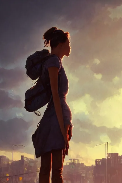 Prompt: detailed lonely girl with backpack standing at cars looking for food at garbage dump, destroyed cars, city is pure wasteland, moody sunset in background, save the planet, high details, sharp, photorealism, cinematic, greg rutkowski, alphonse mucha, trending on artstation, artgerm, unreal engine, breathtaking, award winning, highly detailed