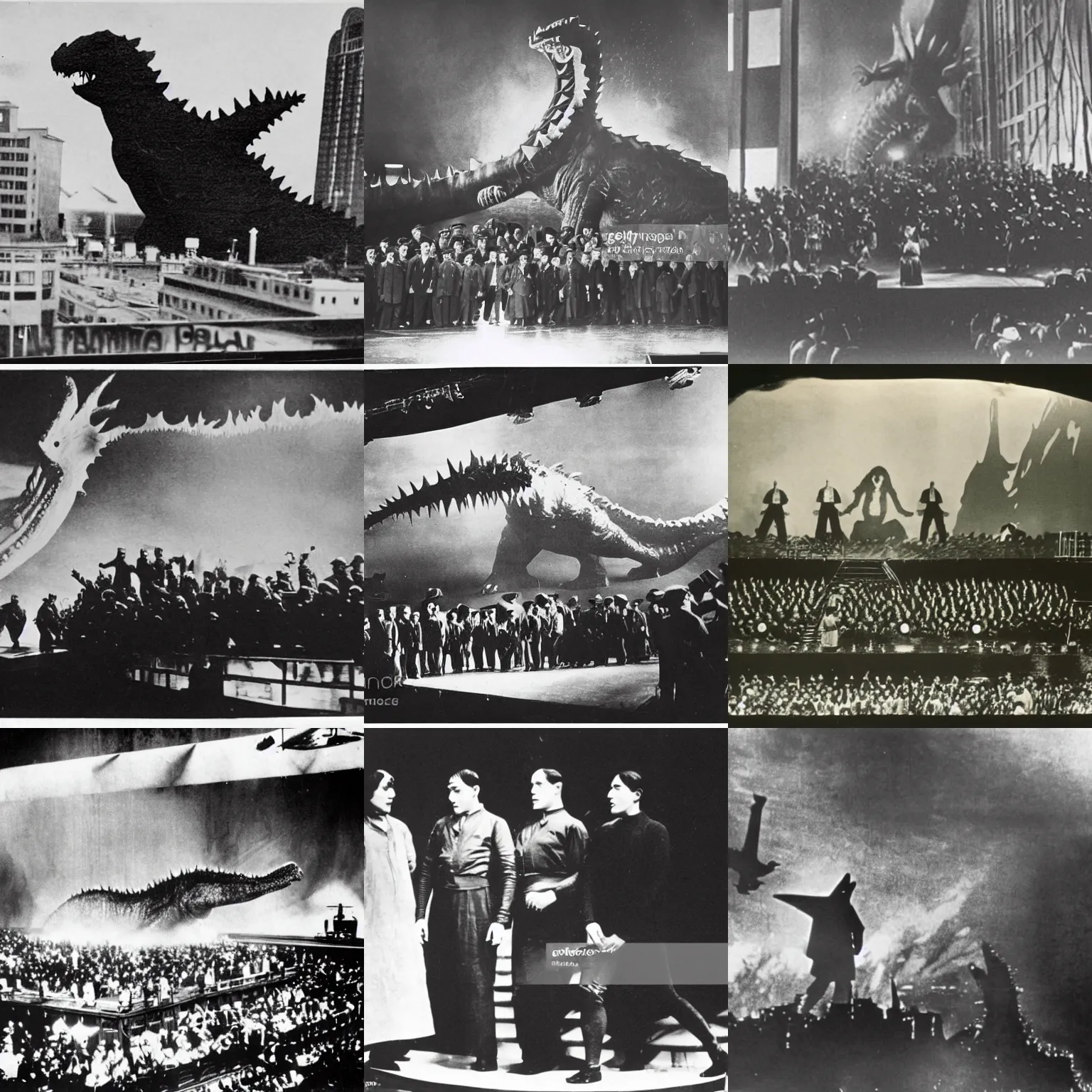 Prompt: photograph from the stage production of Godzilla 1924