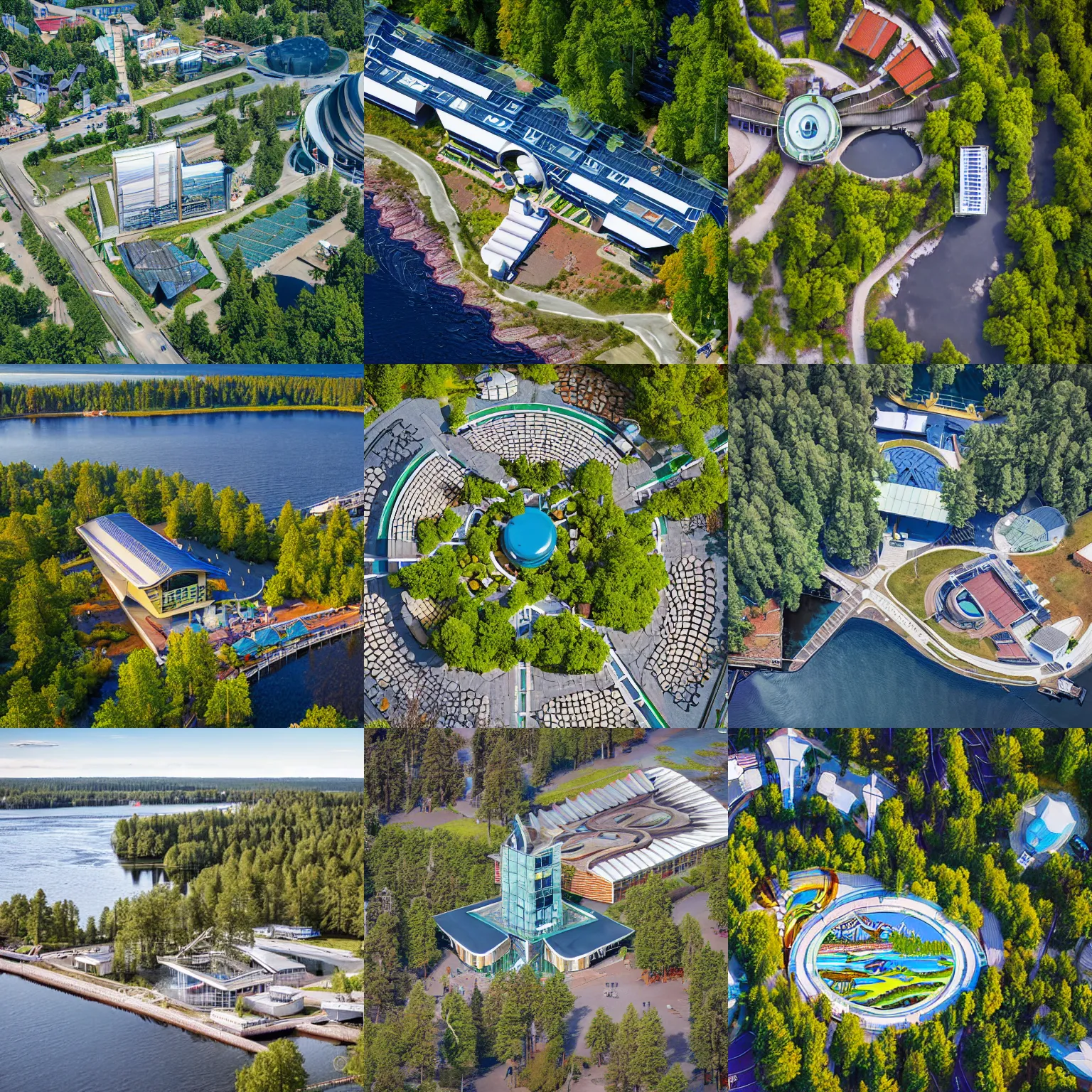 Prompt: seaside sauna in otaniemi, espoo, finland, futuristic, big and small, highly detailed aerial photograph, tourist advertisement, art nouveau style