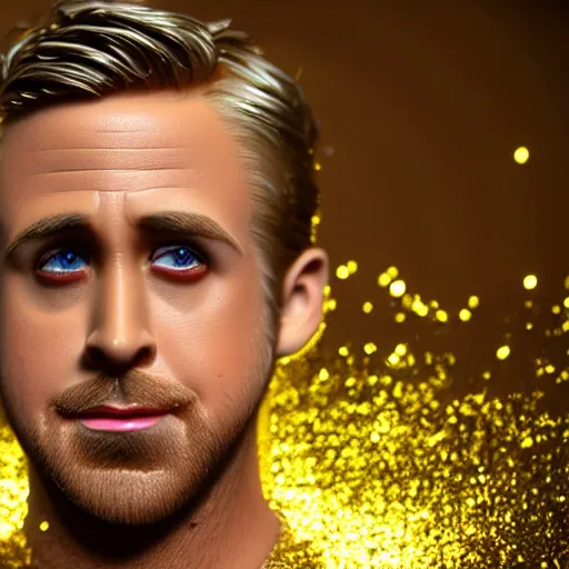 Image similar to Ryan Gosling with silver-violet hair, white eyes and golden glittery dress, wide lens, diorama, 4k,