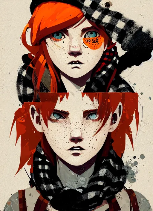 Image similar to highly detailed portrait of a sewer punk lady student, freckles, beanie, tartan scarf, ginger hair by atey ghailan, by greg rutkowski, by greg tocchini, by james gilleard, by joe fenton, by kaethe butcher, gradient, orange, black, brown and cream color scheme, grunge aesthetic!!! white graffiti tag wall background