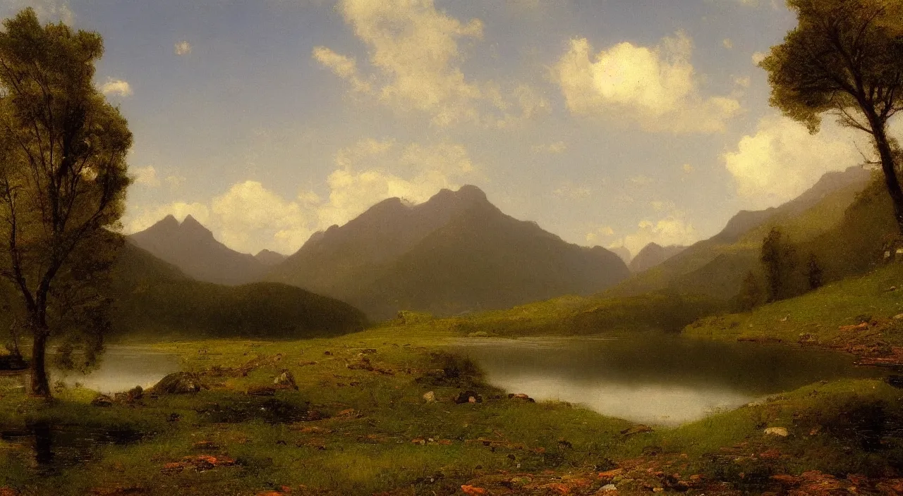 Image similar to An ultradetailed, digital-art, 4k-concept-art-wallpaper, Mountains in the background by George Inness, Lake around