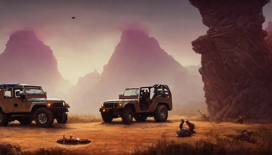 Image similar to Mahindra thar, tribe members watching nearby, an epic fantasy, dramatic lighting, cinematic, establishing shot, extremely high detail, photorealistic, cinematic lighting, artstation, by simon stalenhag, horizon forbidden west