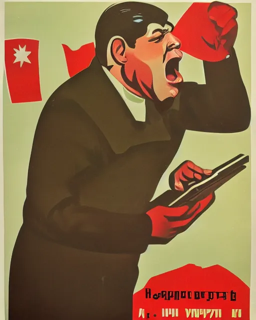 Image similar to soviet propaganda poster of an angry communist developer yelling at his computer