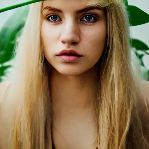 Prompt: a beautiful blond girl made from plants, full body shot, symmetrical face, pretty face, 8 k, shallow depth of field, moody lighting, cinematic lighting,