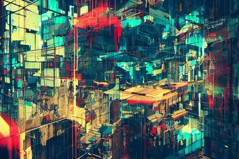Prompt: fragmented architecture collage by atelier olschinsky and Ernst Haas, cyberpunk, (high contrast), ((oversaturated)), grafitti paint, bokeh, dof, unreal engine