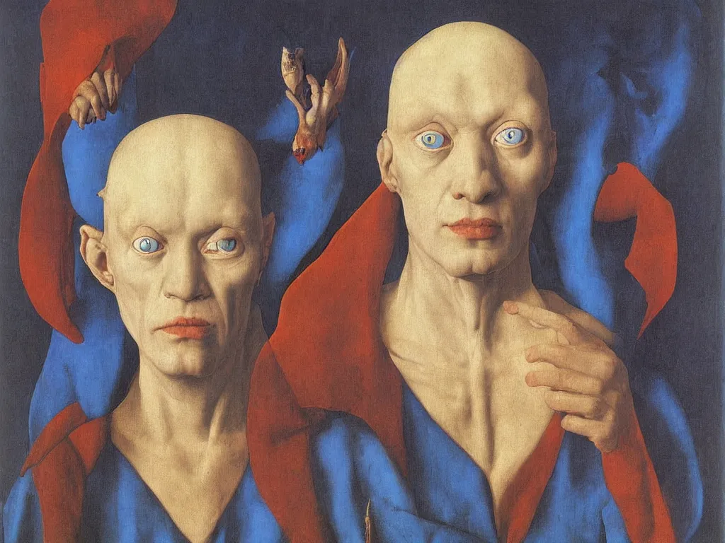 Image similar to Portrait of albino mystic with blue eyes, with demon, devil. Painting by Jan van Eyck, Audubon, Rene Magritte, Agnes Pelton, Max Ernst, Walton Ford