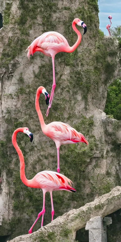 Prompt: a flamingo with 8 legs climbing a tree between the ruins of atlantis 4 k