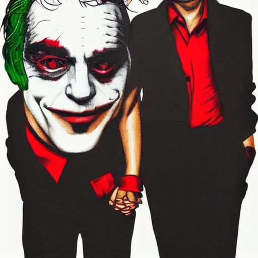 Image similar to mimmo rottela and banksy as joaquin phoenix skinny joker holding hand lady gaga harley queen, very realistic, intricate details, pop art style, concept art, confident, love, random object movement, 3 colours, arstation trending, proportional body, warm color, 4 k, ultra smooth, sharp focus