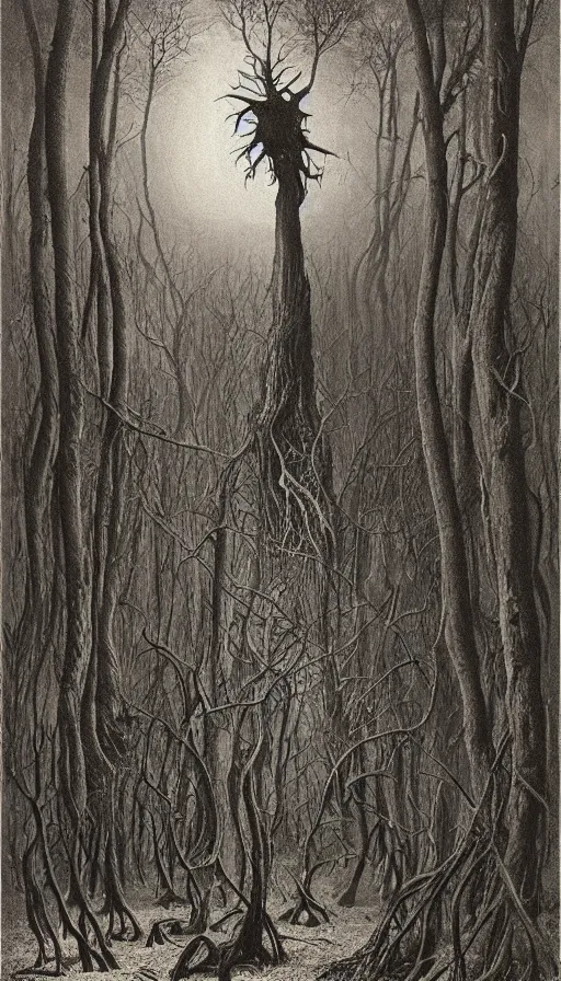 Image similar to a storm vortex made of many demonic eyes and teeth over a forest, by zdzisław beksinski