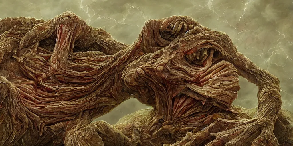 Image similar to skin folded like a blanket, veins, muscle tissue, blue veins underneath the skin, sub surface scattering, smooth, disturbing, highly interesting, masterpiece, 4 k, the thing, horror, cosmic horror, junji ito, larry elmore, gediminas pranckevicius, h. r. giger,