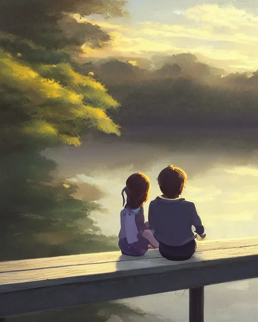 Image similar to a girl and a boy sitting together on a pier overlooking a pond. romantic. atmospheric lighting, 8 k. by makoto shinkai, stanley artgerm lau, wlop, rossdraws, james jean, andrei riabovitchev, marc simonetti, krenz cushart, sakimichan, d & d trending on artstation, digital art.