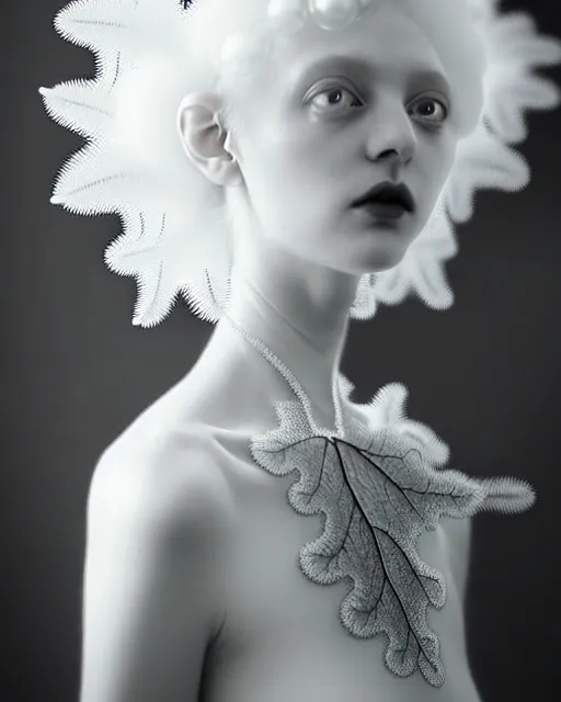 Image similar to dreamy foggy soft luminous bw art photo taken in 2 1 0 0, beautiful spiritual angelic biomechanical mandelbrot fractal albino girl cyborg with a porcelain profile face, very long neck, halo, white smoke atmosphere, rim light, big leaves and stems, fine foliage lace, alexander mcqueen, art nouveau fashion pearl embroidered collar, steampunk, elegant