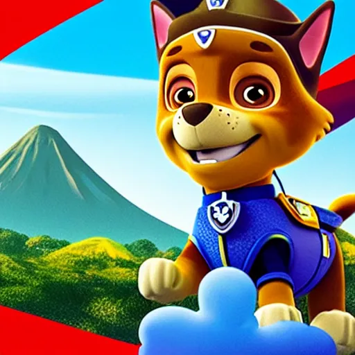 Prompt: chase from paw patrol is watching a giant volcano erruption on the island across the sea, movie poster, trending on artstation, intricate detail, very sharp, vibrant colors, depth of field