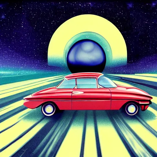 Image similar to 1960s car on a road in space driving towards a planet, trending on art station