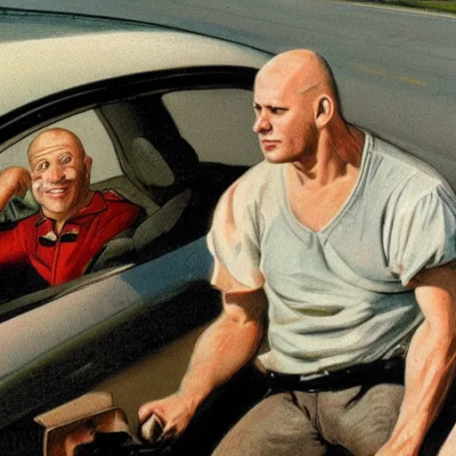 Image similar to coloured photograph of a muscled young white bald guy with broad shoulders, black shirt and a large chest driving a racing red mustang down a british road, high detail