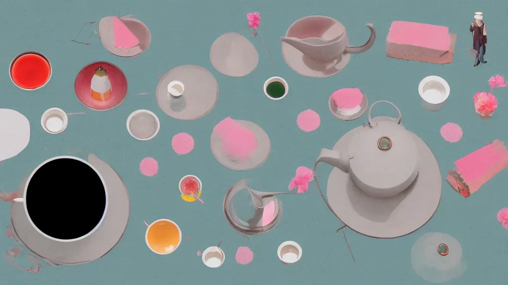 Image similar to a small tea setting, japan, a collage painting, in the style of wes anderson, lola dupre, david hockney, isolated on negative white space background dark monochrome neon fluorescent spraypaint accents volumetric octane render