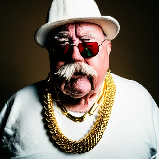 Image similar to dslr portrait photo still of wilfred brimley as a gangsta rapper with gold chains and gold teeth grills, 8 k, 8 5 mm f 1. 8
