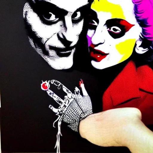 Image similar to mimmo rottela and banksy as joaquin phoenix skinny joker holding hand lady gaga harley queen, photorealistic, intricate details, pop art style, baroque, hyperdetailed, concept art, ultrarealistic, 3 colors