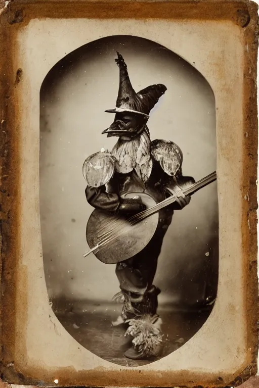 Image similar to a wet plate photo of an anthropomorphic rooster minstrel with a lute