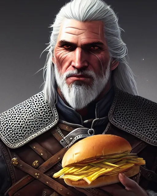 Image similar to portrait of geralt of rivia preparing to eat a hamburger, fantasy, intricate, elegant, highly detailed, digital painting, artstation, concept art, smooth, sharp focus, illustration, by artgerm and greg rutkowski