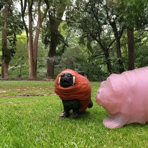Image similar to a photo of a living dog - sized tardigrade with translucent skin walking in a park. the tardigrade evolved to be this large.