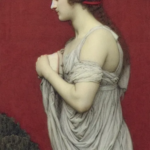 Prompt: portrait of a young courtesan depicted by herbert james draper, arnold bocklin, john willaim godward, sir lawrence alma - tadema. limited color palette, very intricate, highly detailed, minimalist. red and white chalk study etching surface of forms detailed form..