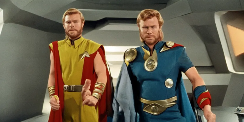 Image similar to Thor, in starfleet uniform, in the role of Captain Kirk in a scene from Star Trek the original series