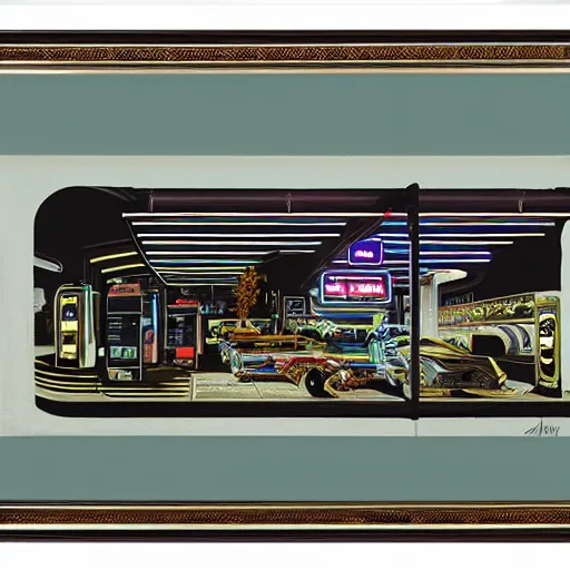 Prompt: painting of syd mead artlilery scifi gas station with ornate metal work lands on a farm, filigree ornaments, volumetric lights, simon stalenhag