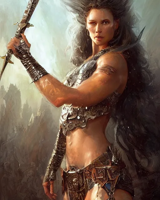 Image similar to a fierce and muscular warrior princess in scale mail, fantasy character portrait by greg rutkowski, gaston bussiere, craig mullins