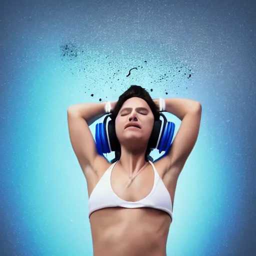 Image similar to dripping electrical blue paint across the shape of a female human body dancing and listening to music with headphones, realistic , high detail, on a clear white background