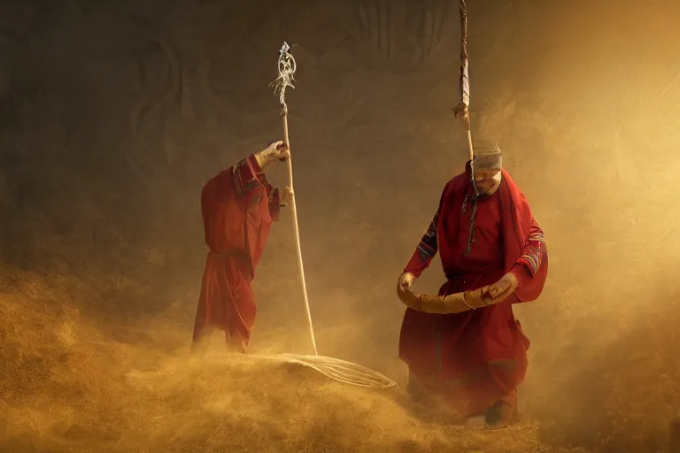 Prompt: theatre stage, romanian man in traditional romanian clothing with scythe, people, traditional romanian clothing, heystack, concept art, dramatic lighting, beautiful, volumetric lighting, colorful, octane render