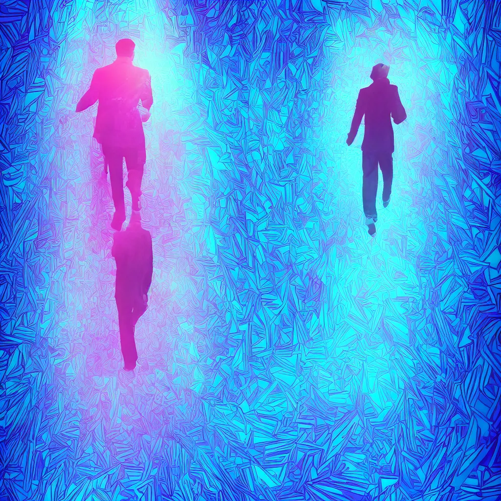 Prompt: Trippy perspective of a man walking. Bottom-up view. Beautiful blue and pink lighting. Highly detailed digitial art. Trending on Behance.