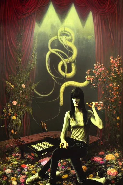 Image similar to the velvet underground and nico playing live on stage at a night club, beautiful stage decoration with flowers in the background, painting by ivan shishkin and james jean, very detailed and toned down and ornamental and moody and cool and relaxed and high on drugs, tasteful colors, trending on artstation, behance contest winner