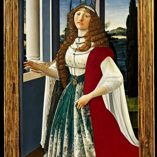 Image similar to portrait of a white labrododdle dressed as an italian queen, painting by botticelli, 1 4 8 0 s