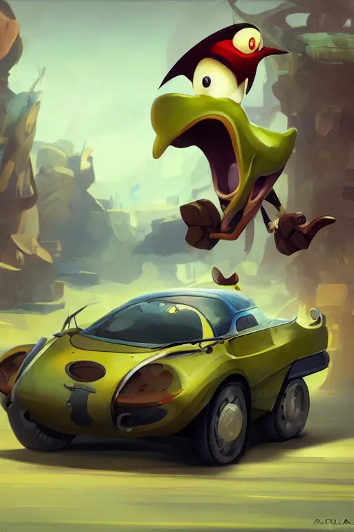 Image similar to a cartoony car, in the style of Rayman origins, michael ancel, Ruan Jia and Mandy Jurgens and Greg Rutkowski, trending on Artstation, award winning, unreal engine, octane render W 1024