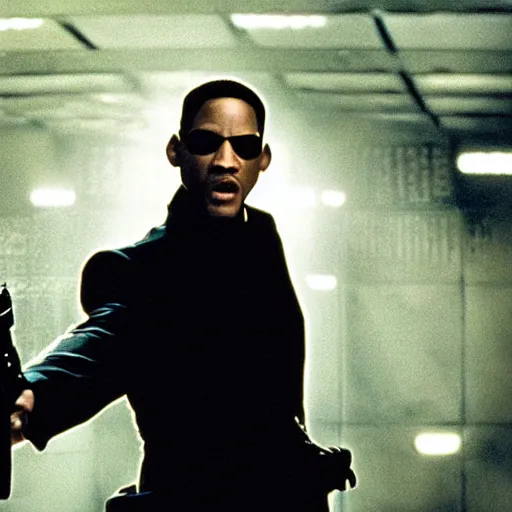 Image similar to movie still of will smith as neo in the matrix