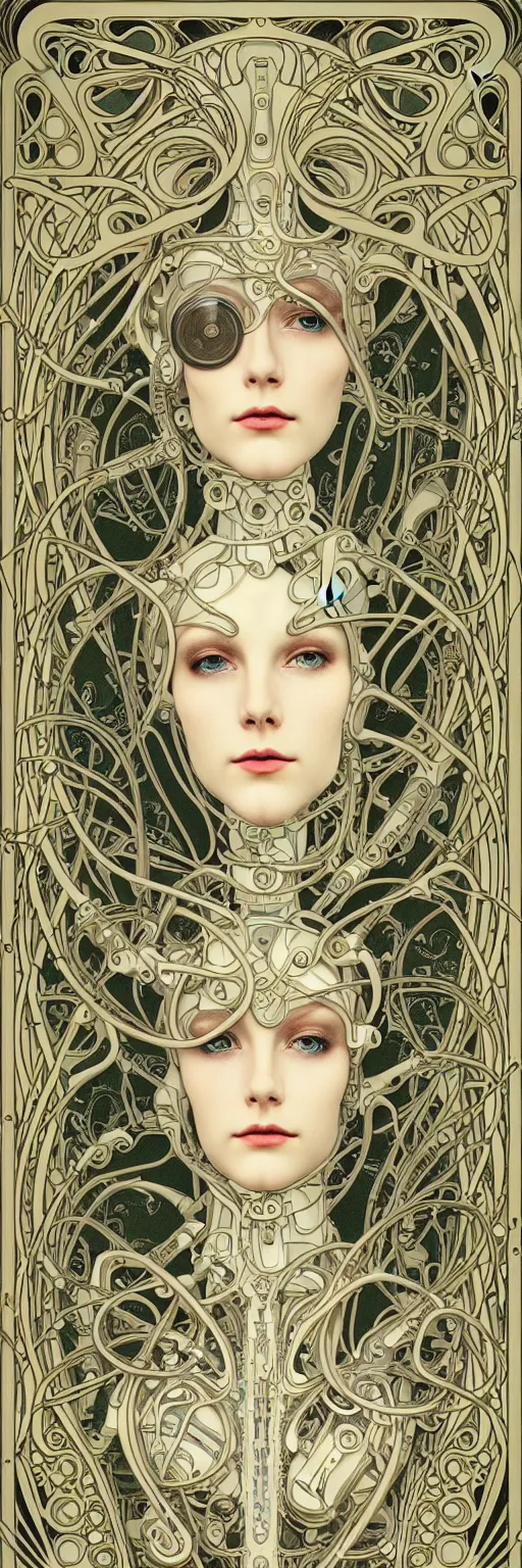 Prompt: seamless pattern of beautiful cybernetic art nouveau robot, beautiful art nouveau porcelain face + body is clear plastic, inside organic robotic tubes and parts, damask patern, front facing, wearing translucent baroque rain - jacket + symmetrical composition + intricate details, hyperrealism, wet, reflections + by alfonse mucha and moebius, no blur