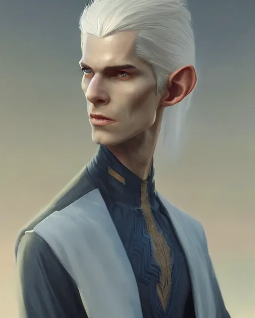 Image similar to character portrait of a slender young half elven man with white hair, piercing blue eyes, and pale blue skin, by greg rutkowski and mark brookes and jim burns and tom bagshaw and magali villeneuve, trending on artstation