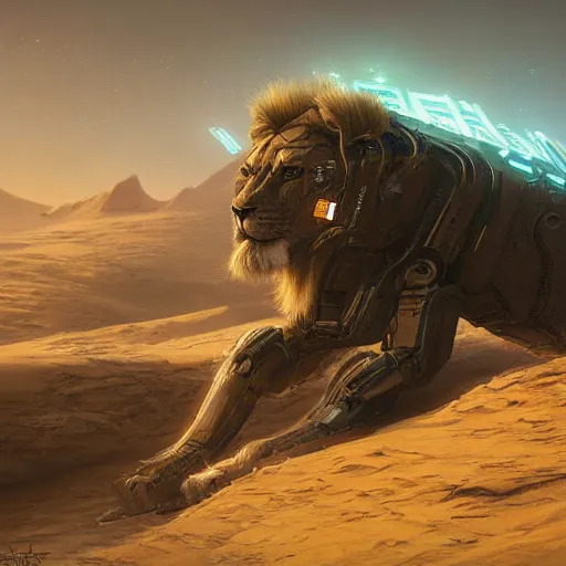 Image similar to concept art of robotic lion in scifi dunes, cyberpunk glow, matte painting by jama jurabaev,