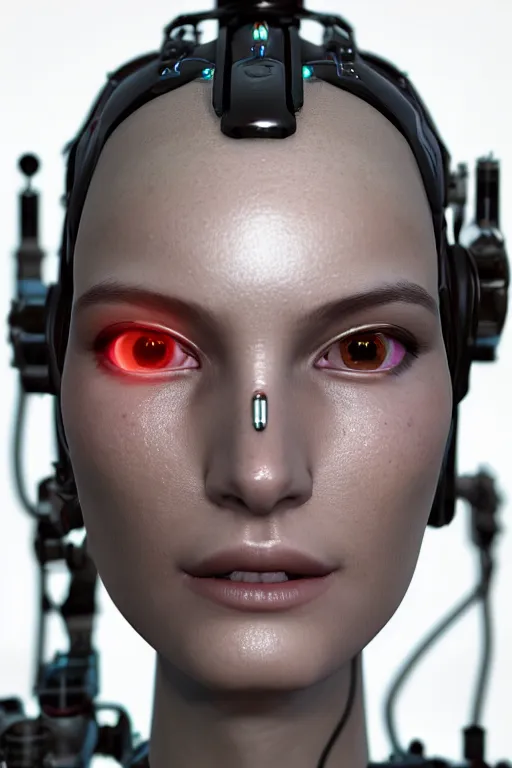 Prompt: close up headshot of a female android, intricately detailed mechanical parts, complicated circuits and wires, unreal engine, path tracing, 8k, artstation