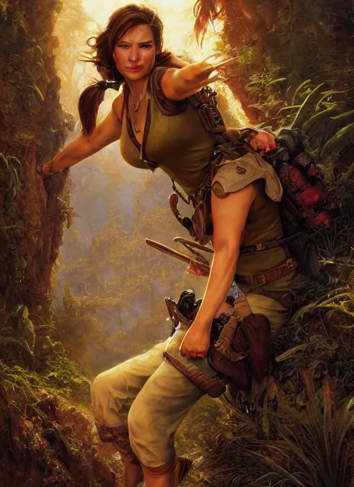 Image similar to seasoned adventurer Lara Croft, golden hour, Lilia Alvarado, Sophie Anderson, Mark Arian, Bob Byerley, Charlie Bowater, Mark Brooks, Steve Henderson, Justin Gerard, Arthur Hughes, Edward Robert Hughes, Mark Keathley, Victor Nizovtsev, Carlos Shwabe, Ross Tran, WLOP