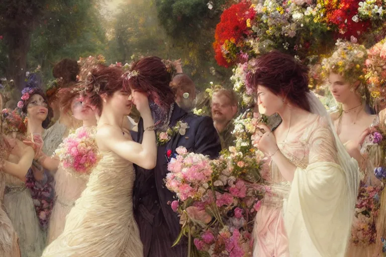 Image similar to the groom look at the bride at a wedding full of flowers, bright and happy, dreamlike art, highly detail, 4 k realistic, wedding photoy krenz cushart, artem demura, yoji shinkawa artgerm, jon lothian, danilo torres. adi meyers. thomas reimann. gaston bussiere.