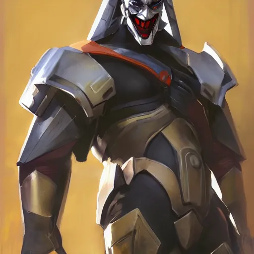 Prompt: greg manchess portrait painting of armored joker as overwatch character, medium shot, asymmetrical, profile picture, organic painting, sunny day, matte painting, bold shapes, hard edges, street art, trending on artstation, by huang guangjian and gil elvgren and sachin teng