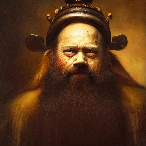 Prompt: stunning portrait oil painting of mighty dwarf king with long beard and iron crown from photography award winning, perfect Rembrandt lighting, dark background, rule of third