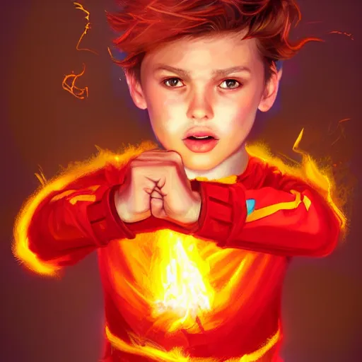 Prompt: colorful and festive captivating young child boy, brown fluffy hair, wearing red and yellow hero suit, shooting a fire ball out of his fist. full body, rich vivid colors, ambient lighting, dynamic lighting, 4 k, atmospheric lighting, painted, intricate, highly detailed by charlie bowater